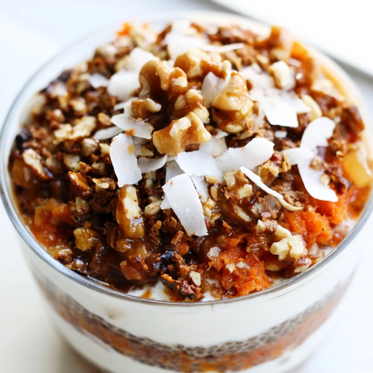 Vibrant breakfast bowl showing layered chia pudding, Greek yogurt, grated carrot cake mixture, and textured nut toppings