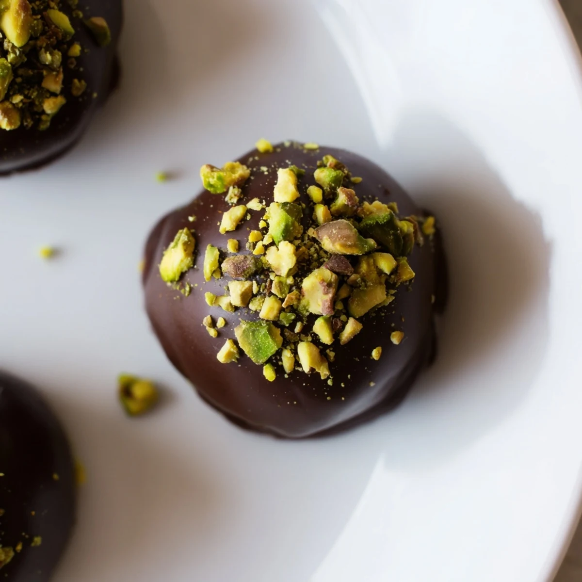 Hand-rolled chocolate pistachio date truffles coated in glossy dark chocolate with chopped nut garnish on white plate