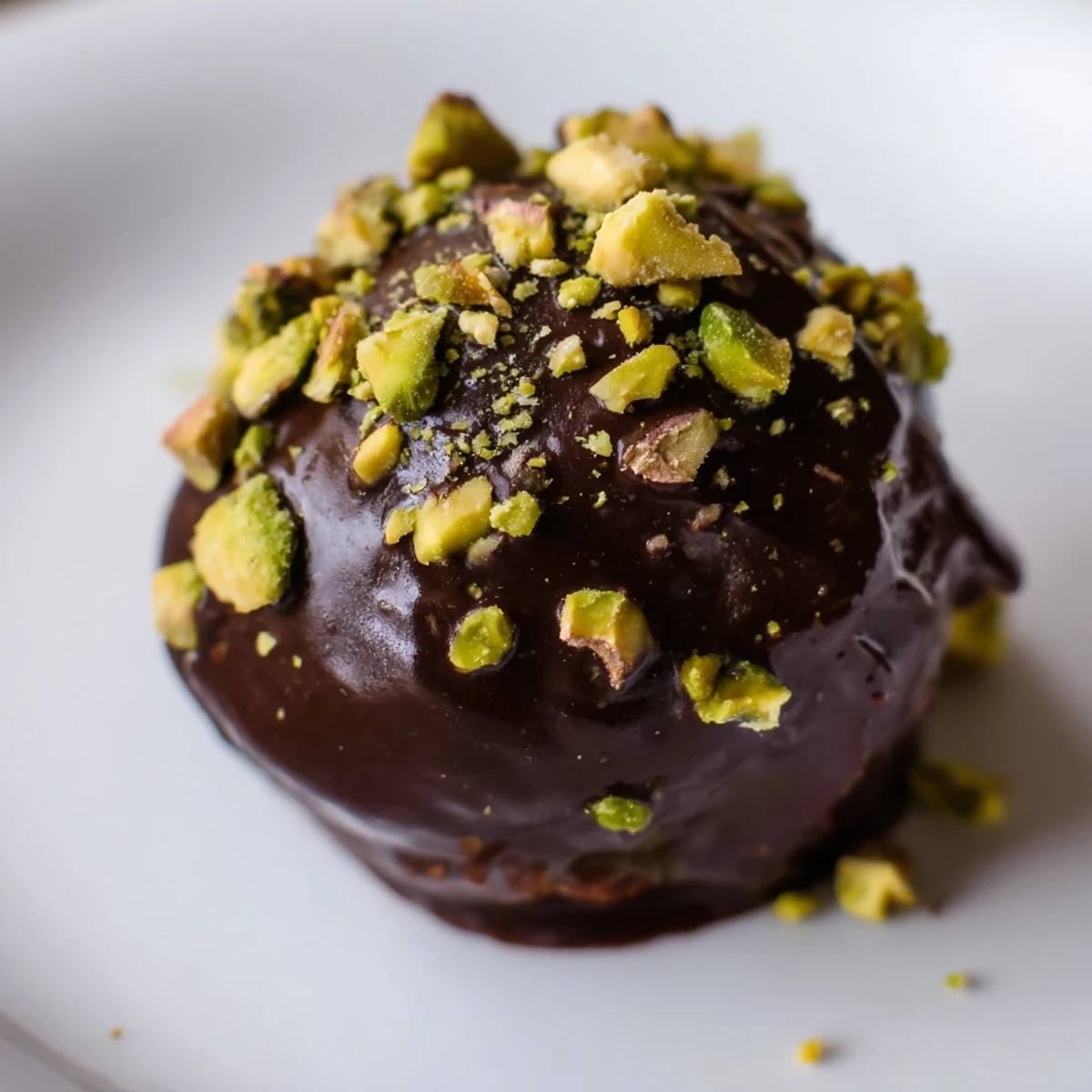 Rich chocolate-dipped date truffles topped with bright green pistachios arranged on parchment-lined baking sheet