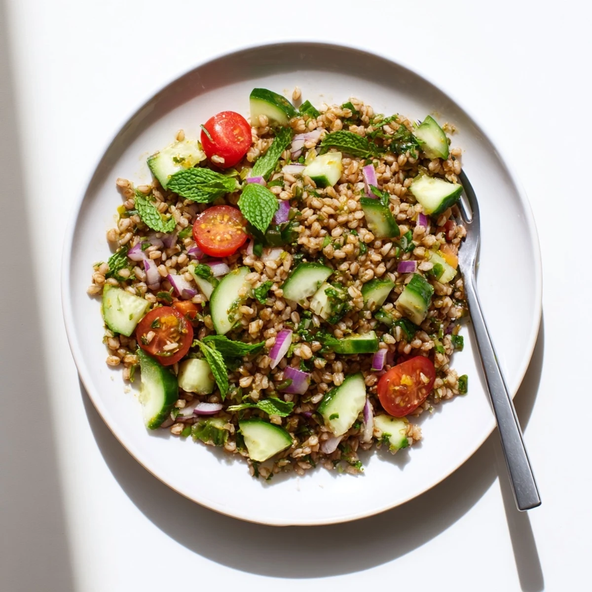 Fresh cucumber mint freekeh grain salad bowl with vibrant herbs and cherry tomatoes