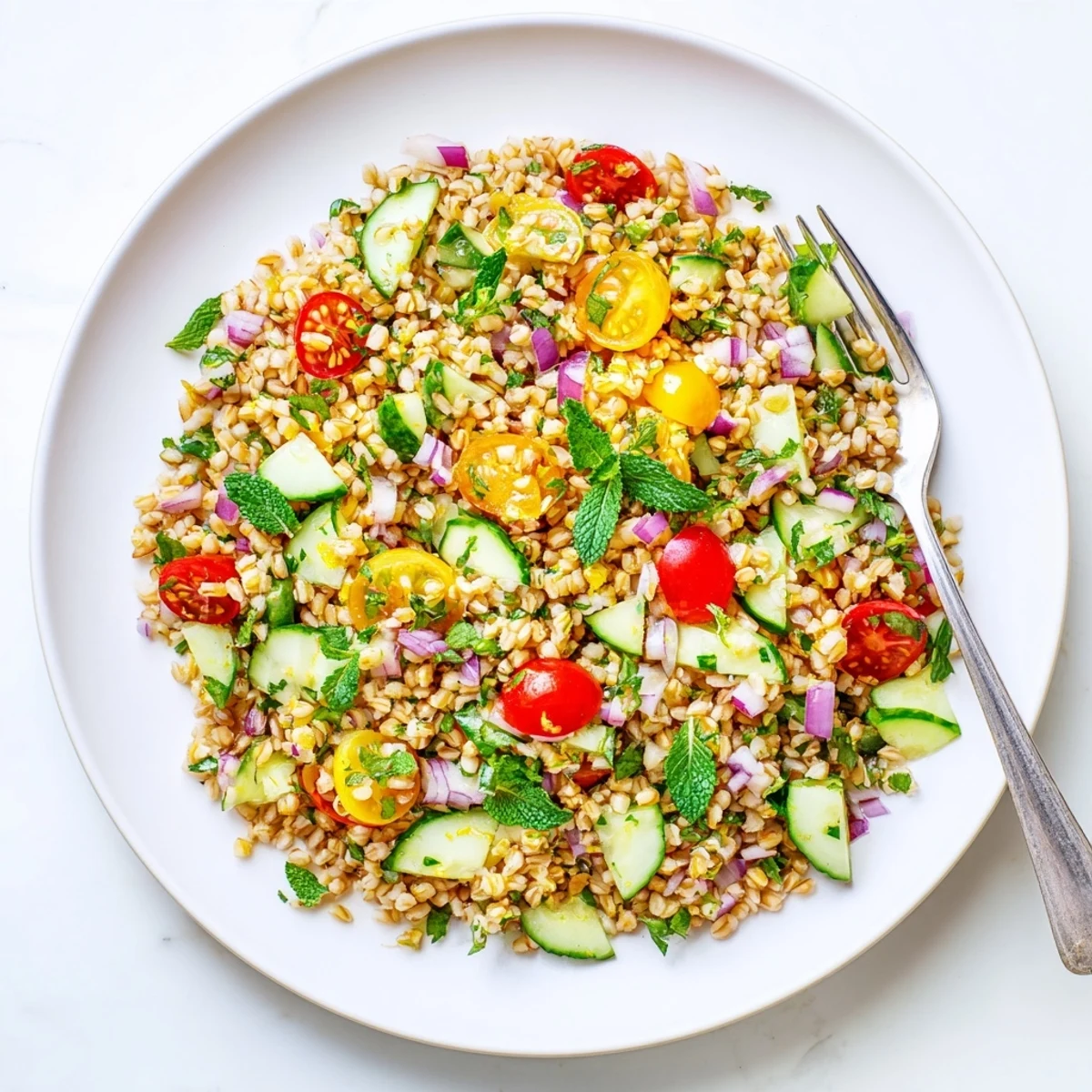 Middle Eastern cucumber mint freekeh grain salad with colorful vegetables and lemon dressing