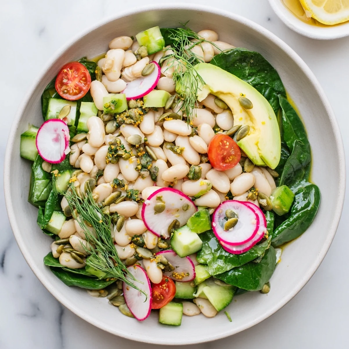 Creamy white bean breakfast bowl topped with fresh dill, lemon zest, and vibrant vegetables