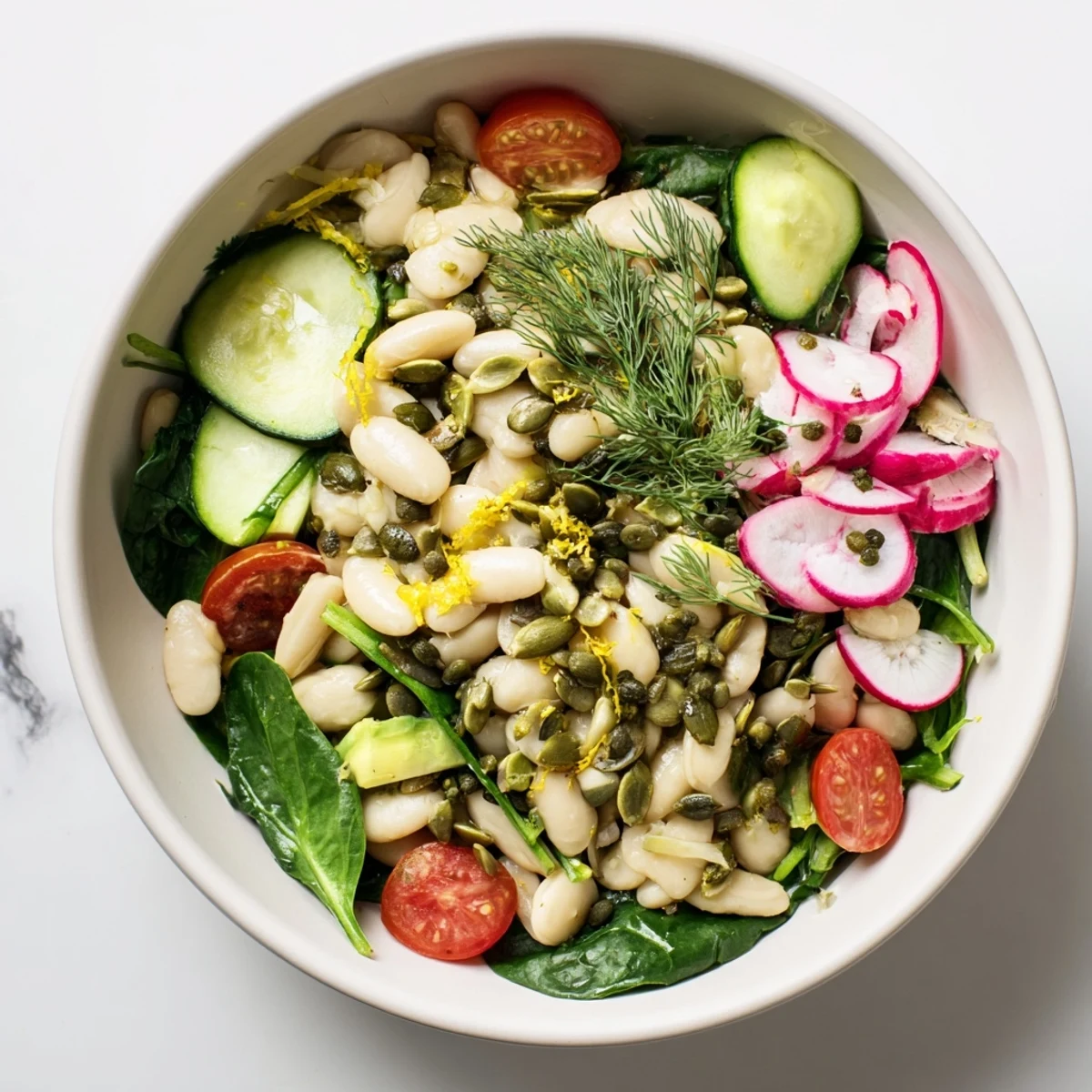Golden white beans simmered with garlic and lemon, served with crisp cucumber and tomatoes