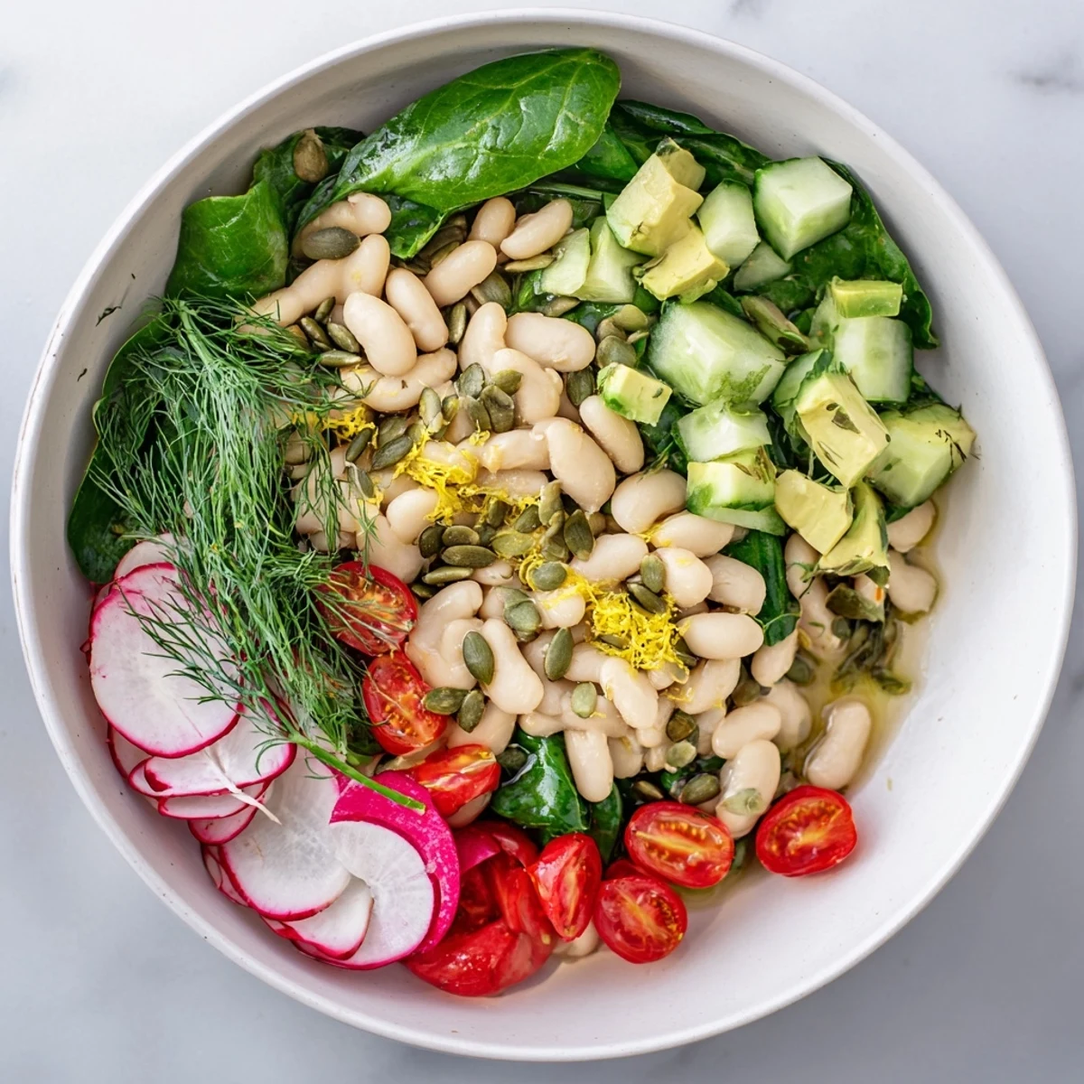 Savory breakfast bowl featuring tender white beans, zesty lemon, and colorful garden vegetables