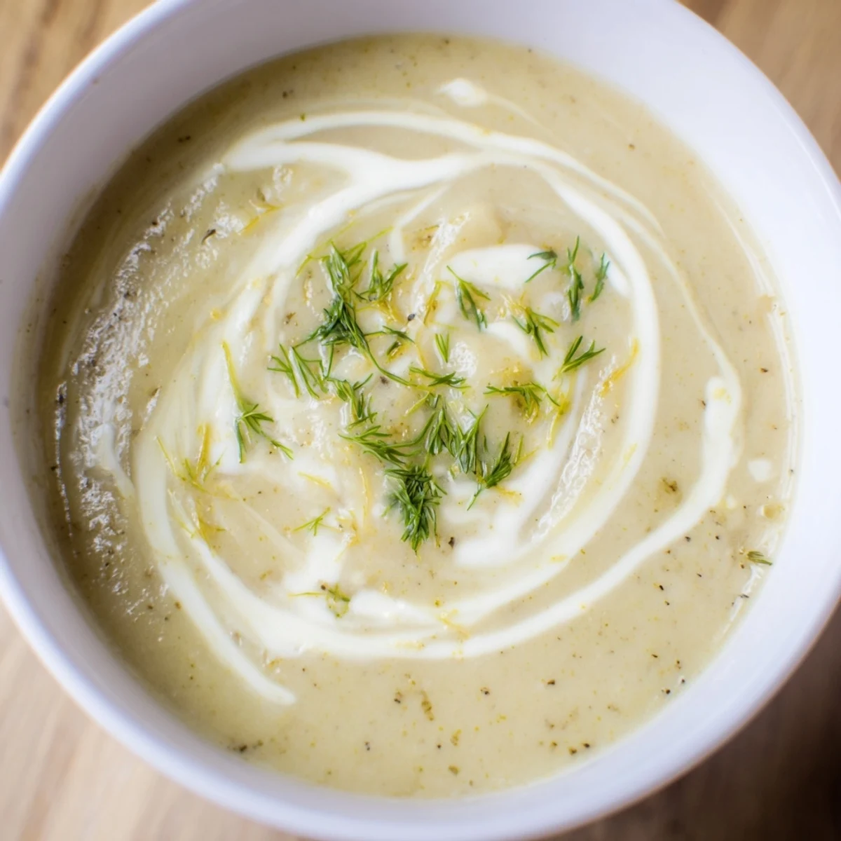 Creamy roasted fennel and potato soup garnished with fresh green fronds in a white bowl