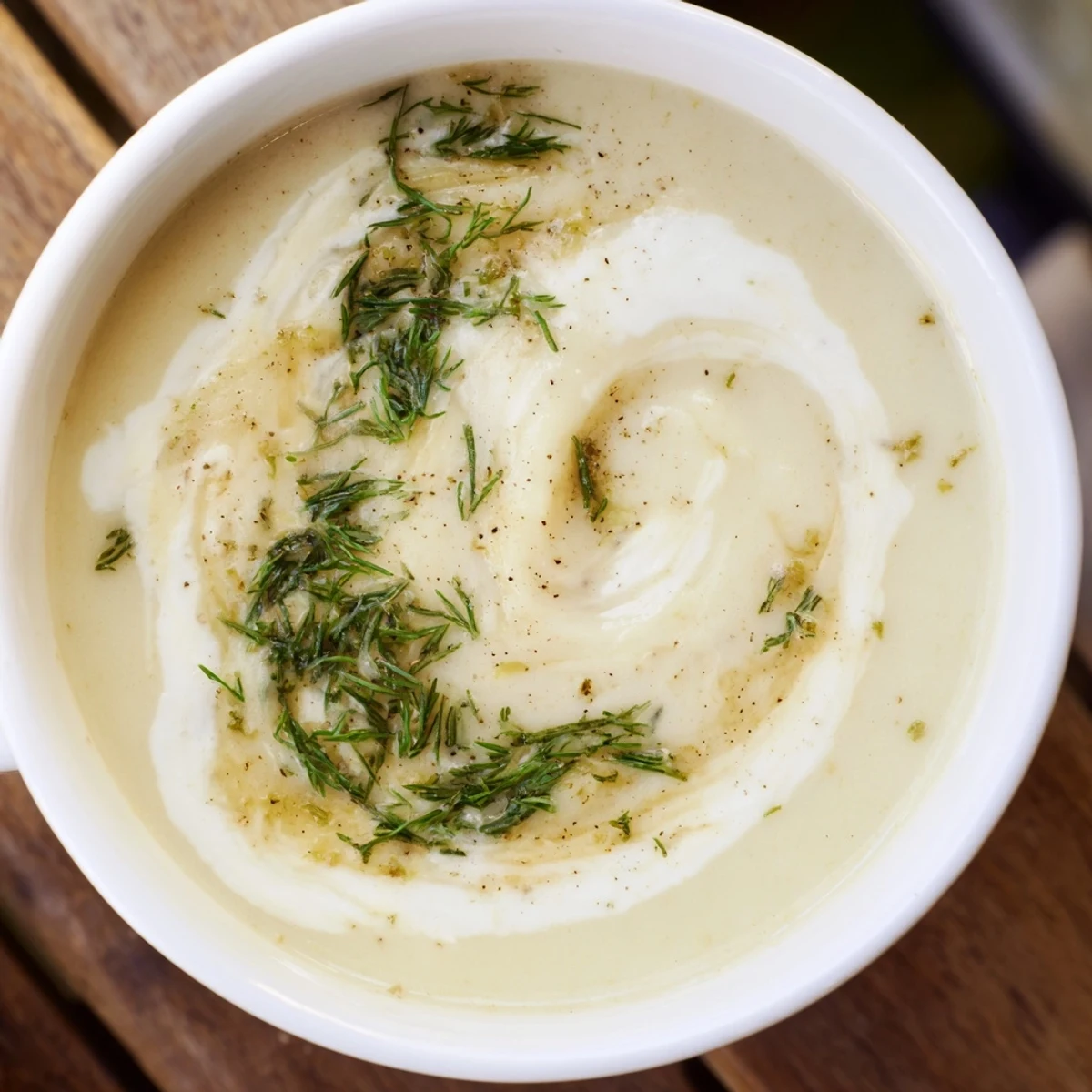 Golden roasted fennel and potato soup ladled into rustic bowl with drizzled olive oil