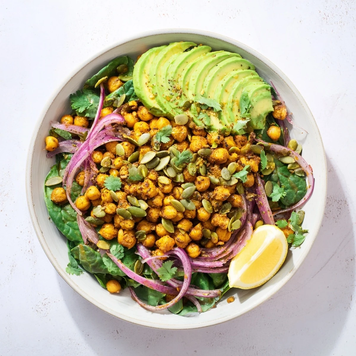 Golden turmeric chickpea breakfast bowl with wilted spinach and creamy avocado slices