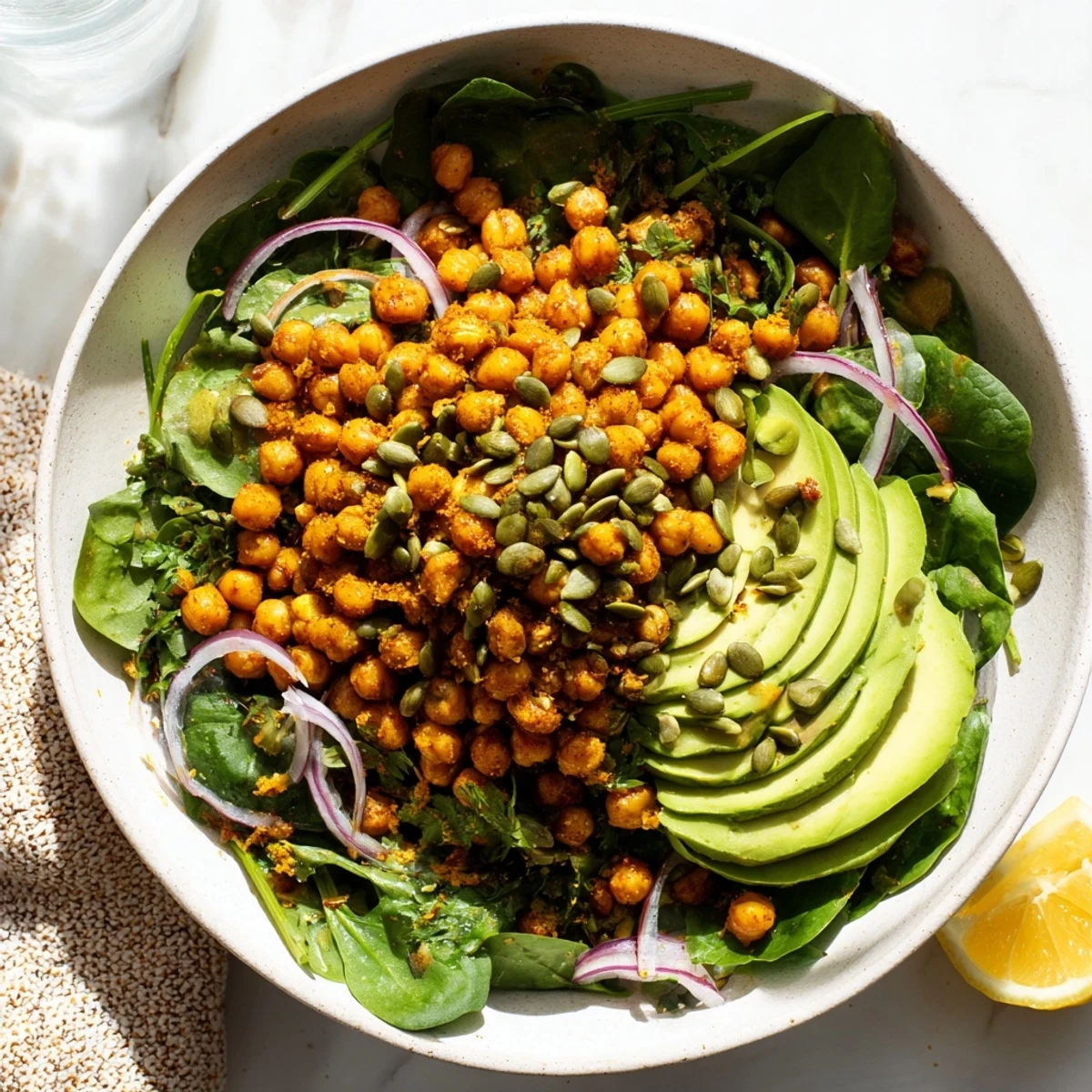 Vegan savory breakfast bowl featuring spiced chickpeas, fresh greens, and herb toppings