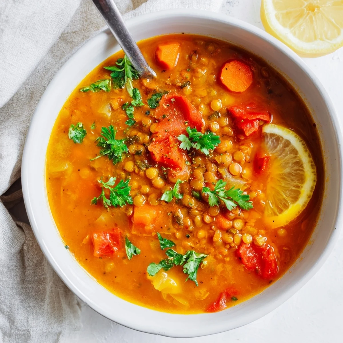 Creamy roasted red pepper and lentil soup garnished with fresh parsley in a white bowl