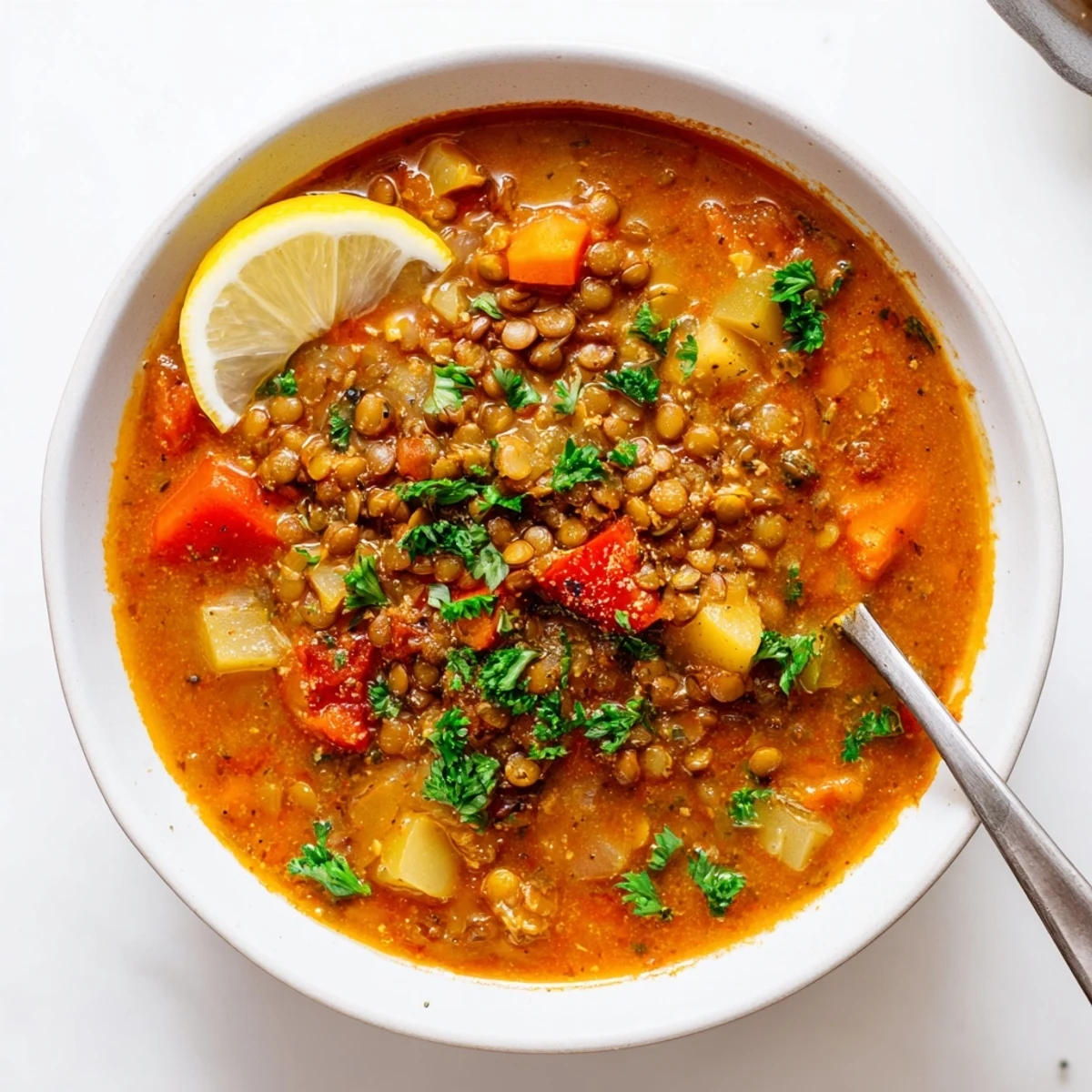 Vibrant Mediterranean red pepper and lentil soup swirled with coconut milk and parsley