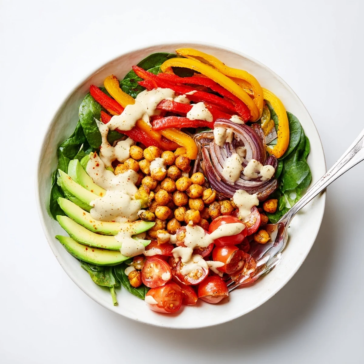 Golden spiced chickpeas and smoky roasted peppers arranged in a vibrant breakfast bowl with tahini drizzle