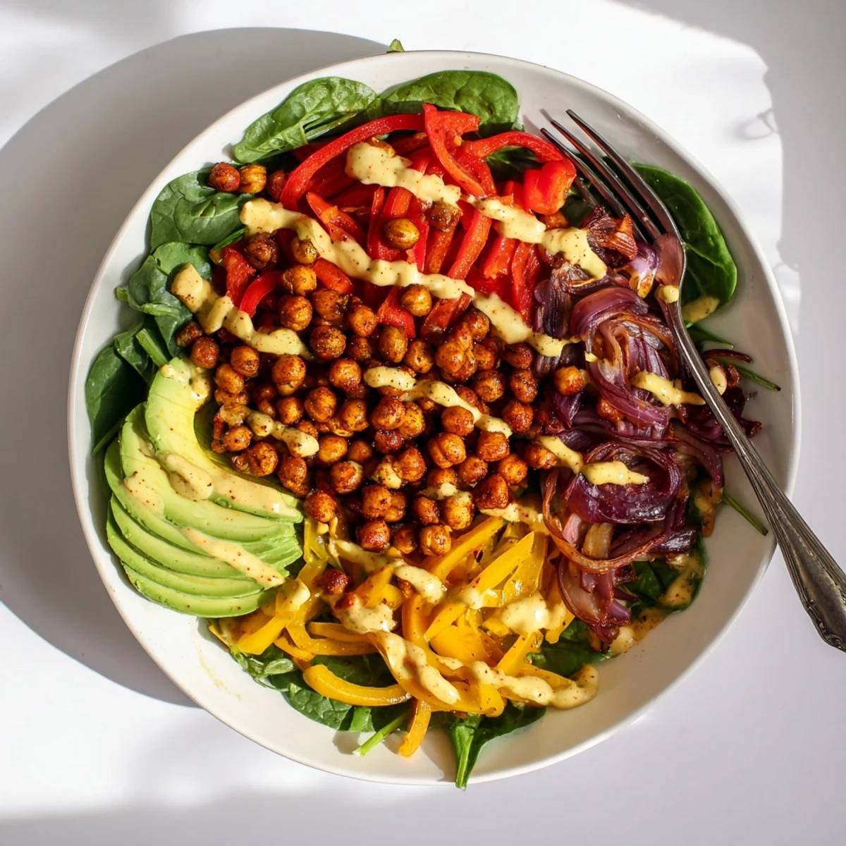 Protein-packed Mediterranean breakfast bowl featuring roasted vegetables, crisp chickpeas, and zesty tahini dressing