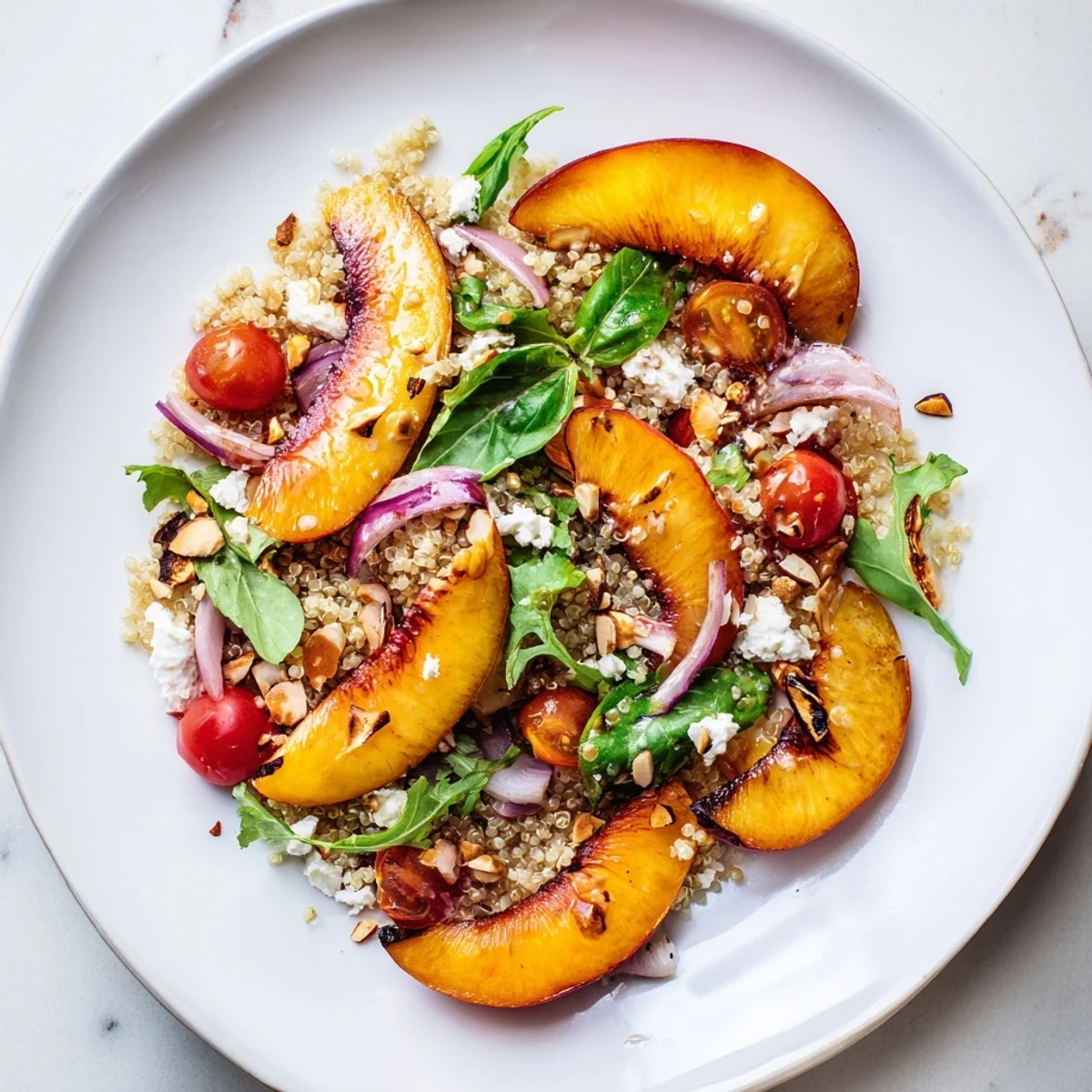 Golden roasted nectarines and fresh basil atop fluffy quinoa in this vibrant summer grain salad bowl