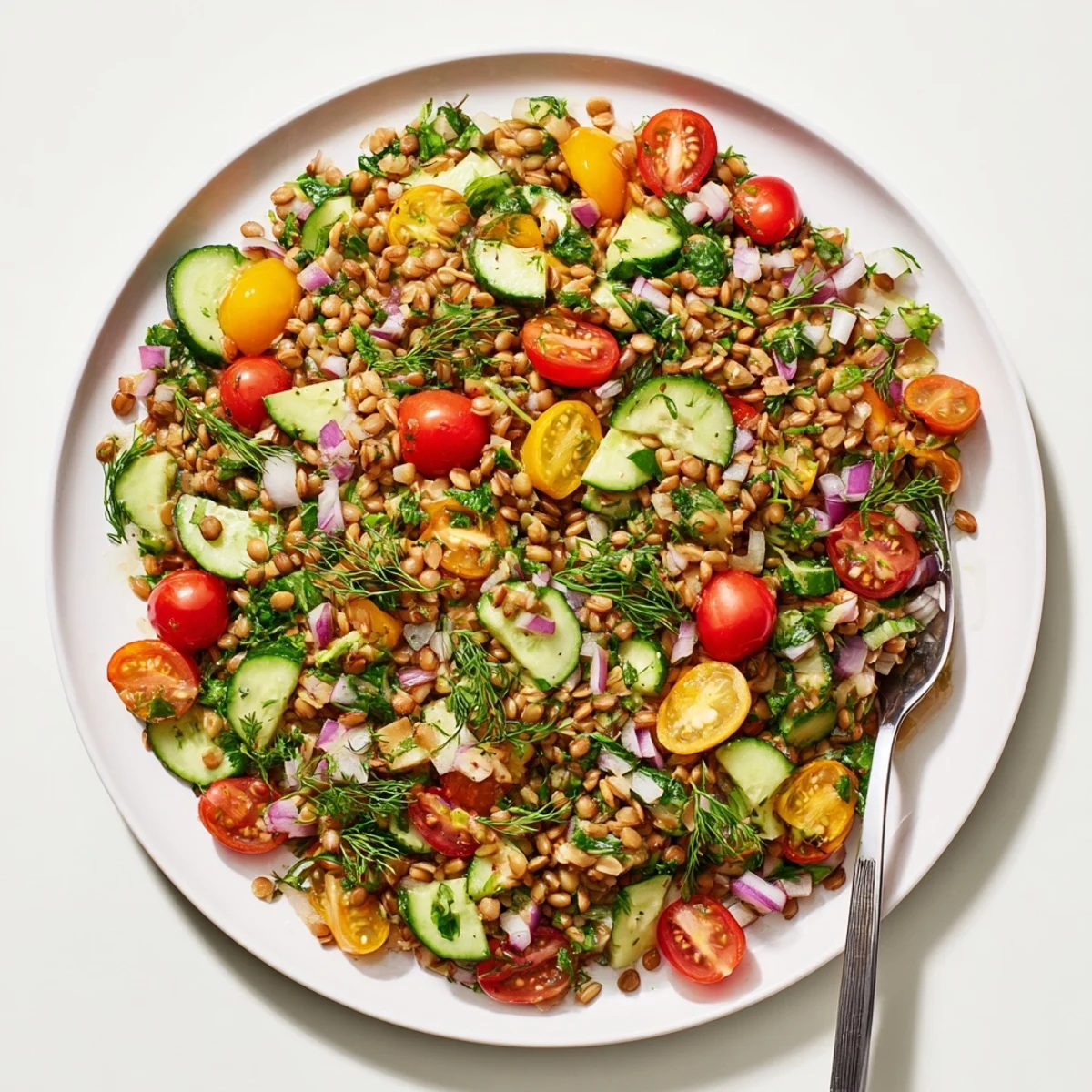 Colorful bowl of lemon herb lentil and farro grain salad with fresh vegetables and zesty vinaigrette