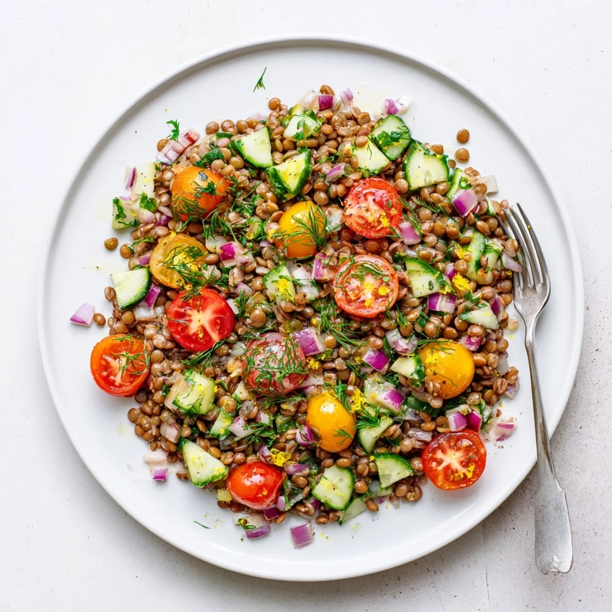 Hearty Mediterranean lentil and farro grain salad tossed in bright lemon herb dressing
