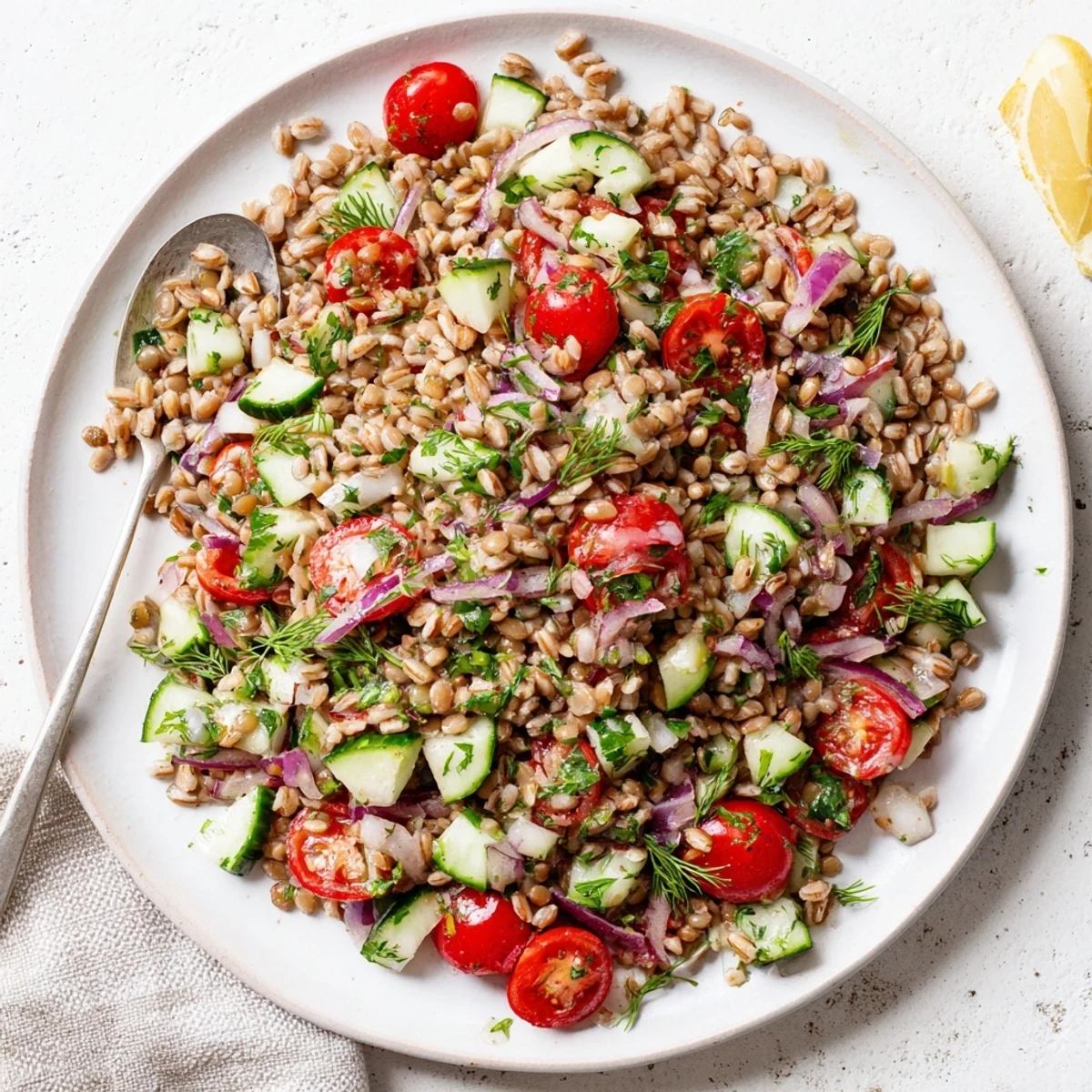 Vibrant protein-packed lentil and farro grain salad with crisp veggies and lemon herb vinaigrette