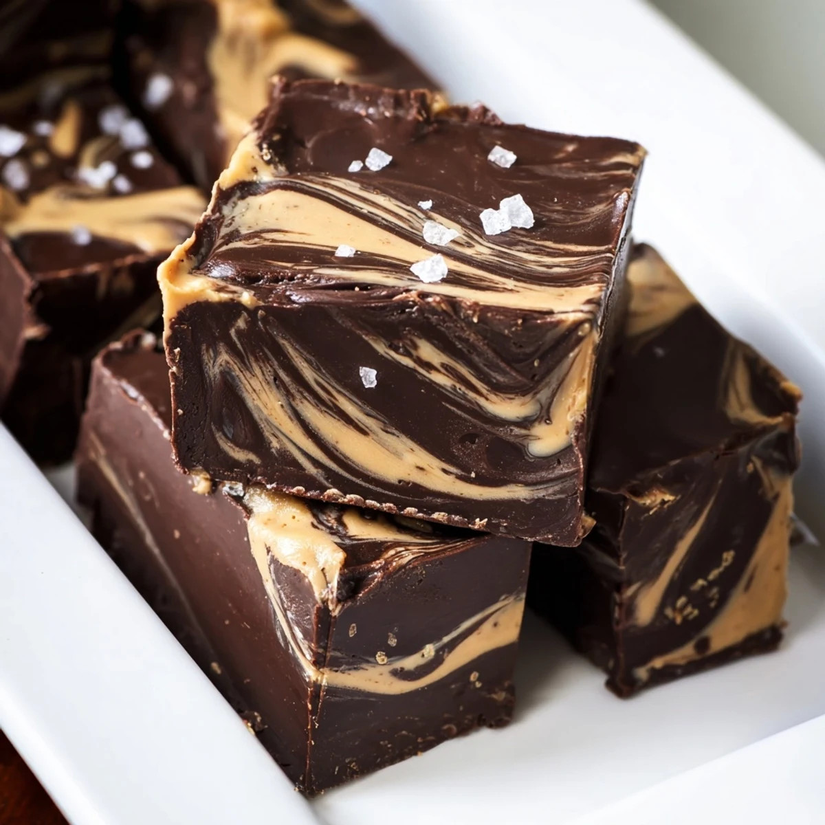 Creamy chocolate tahini swirl freezer fudge displaying rich marbled patterns on a parchment lined square pan