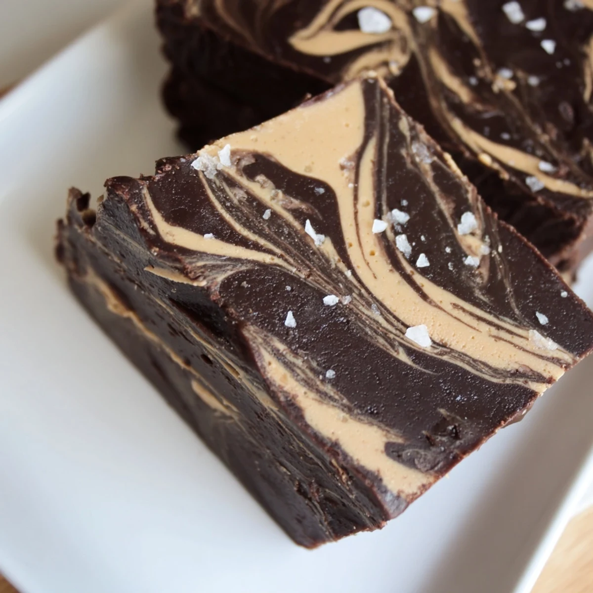 No bake chocolate tahini swirl freezer fudge squares cut into bite sized pieces with glossy swirled texture