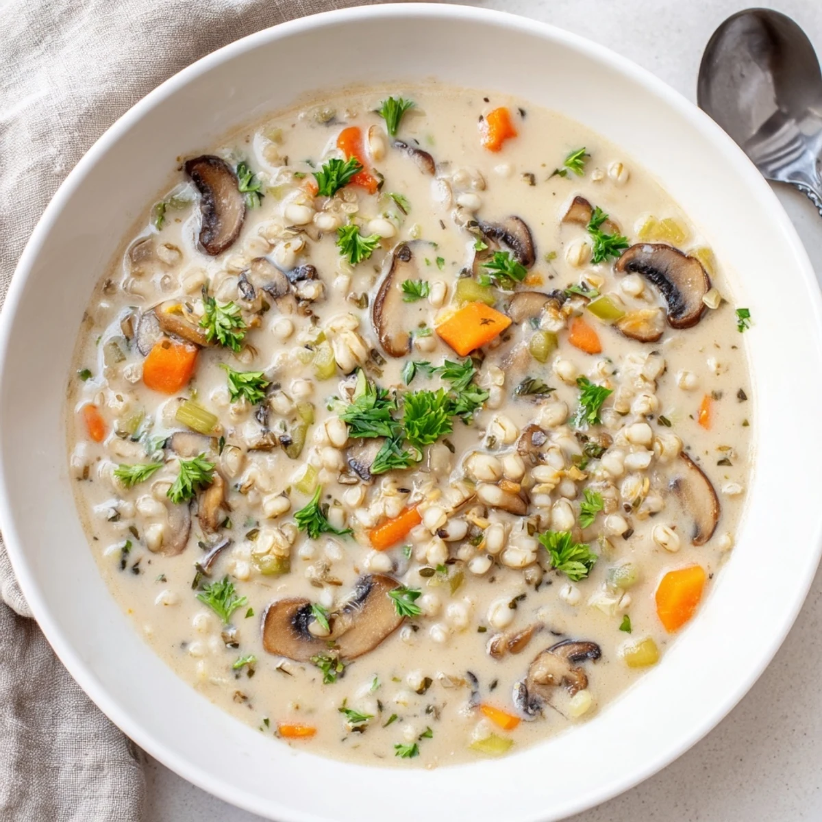 Rustic pot of hearty mushroom and barley soup bubbling with tender vegetables in rich creamy broth
