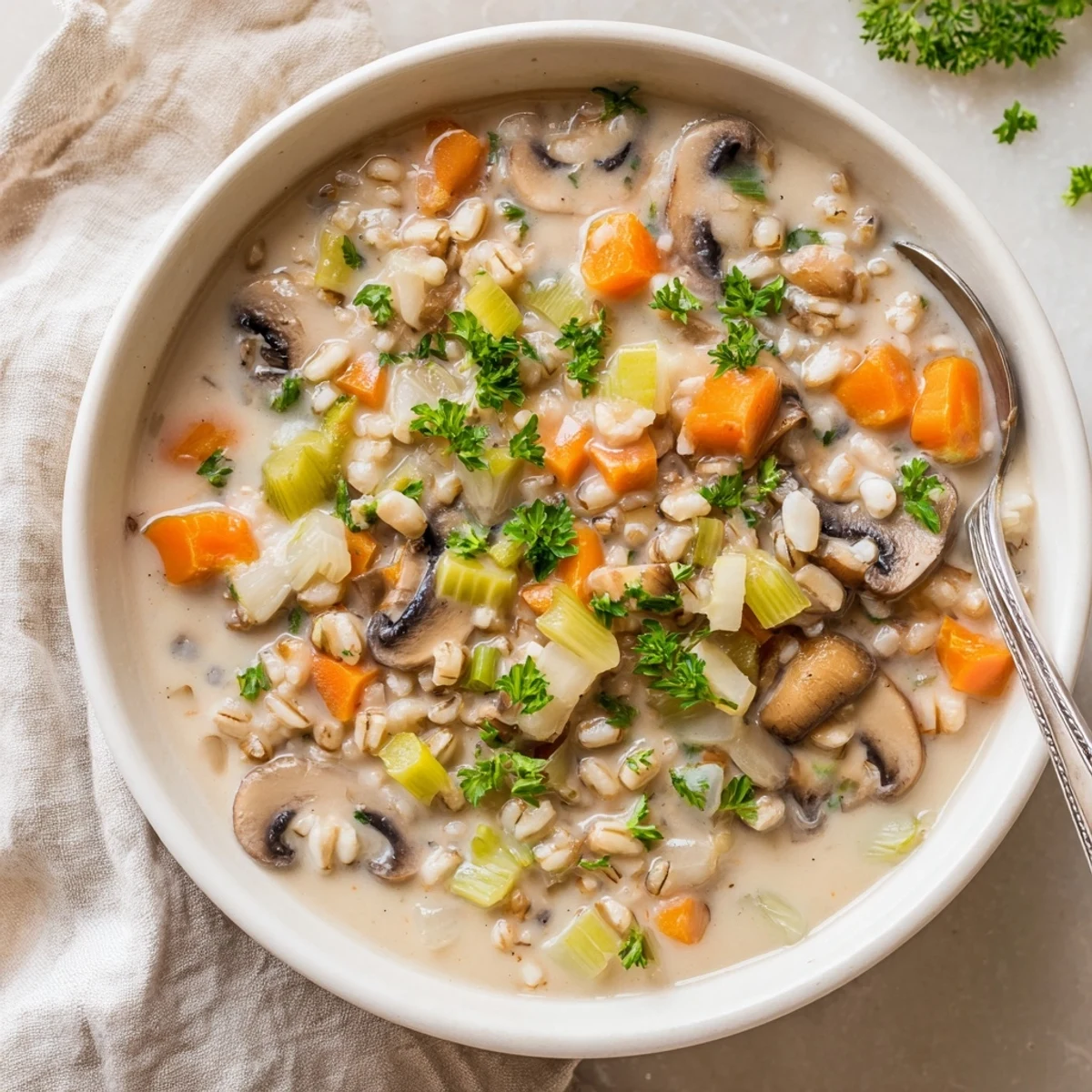 Steaming bowl of creamy mushroom barley soup garnished with fresh parsley and served with crusty bread