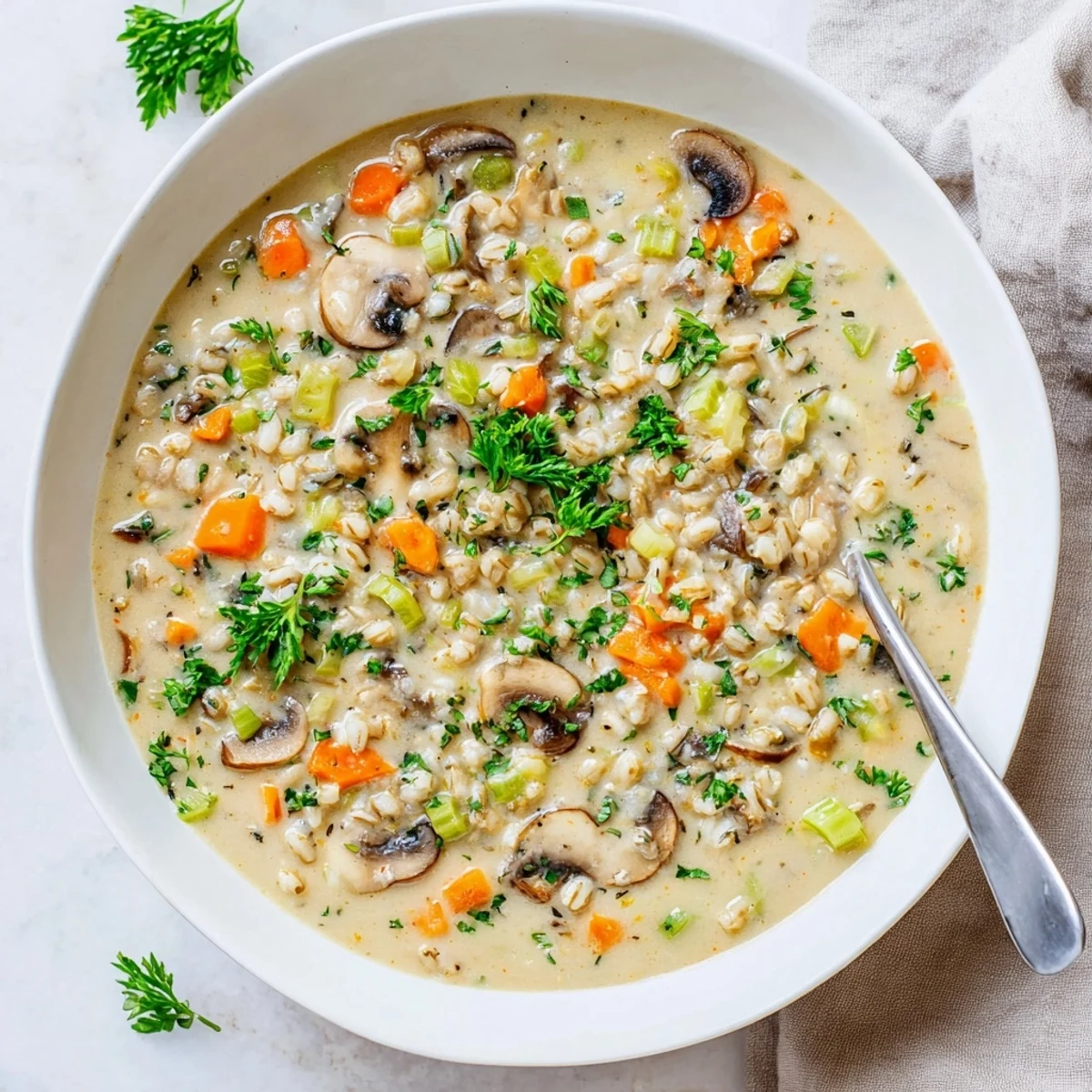 Close-up of savory creamy mushroom barley soup featuring pearl barley and sliced mushrooms in white bowl