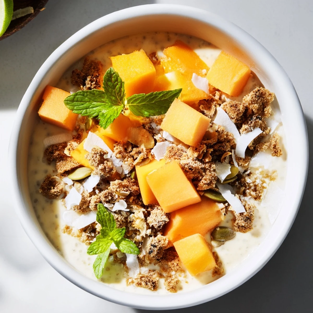 Vegan papaya lime coconut chia breakfast bowl with shredded coconut and mint topping