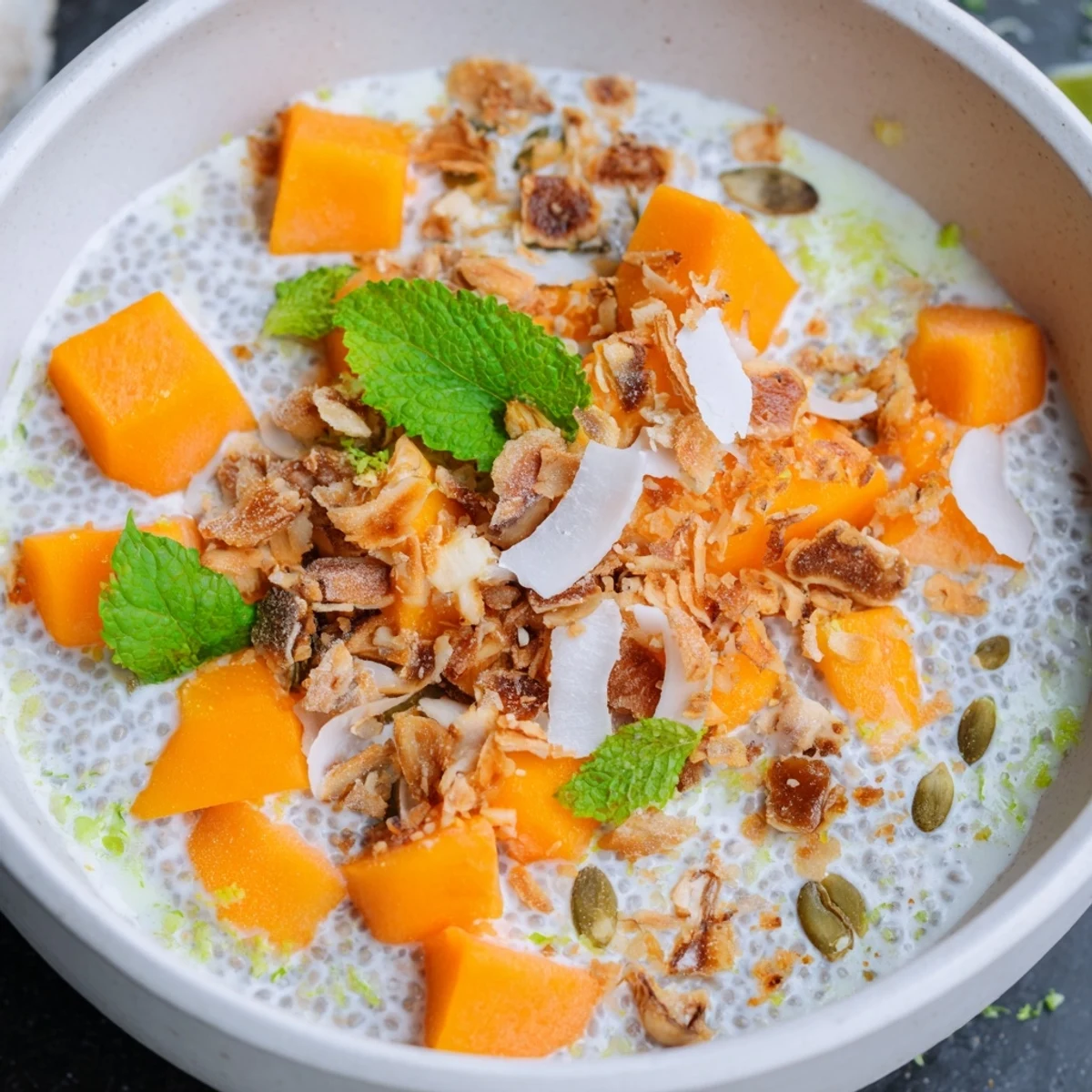 Tropical breakfast bowl featuring ripe papaya chunks over chilled coconut chia seed pudding