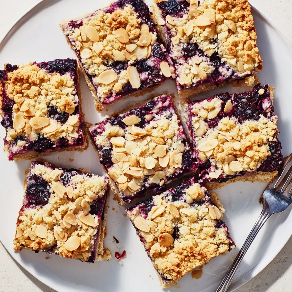 Square blueberry almond crumble sweet treat bars cut into pieces with juicy berry layers visible