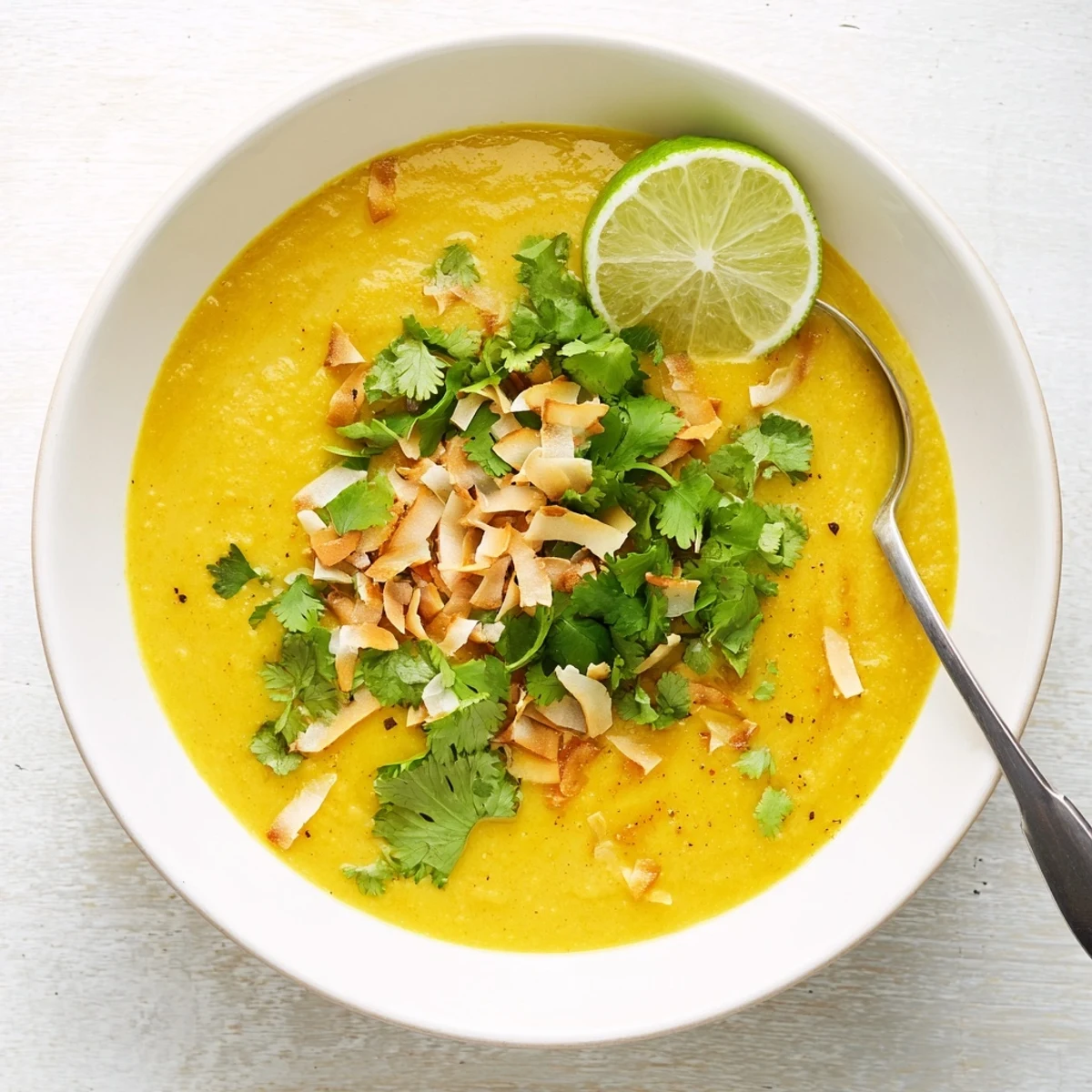 Creamy golden coconut cauliflower soup garnished with fresh cilantro and toasted coconut flakes
