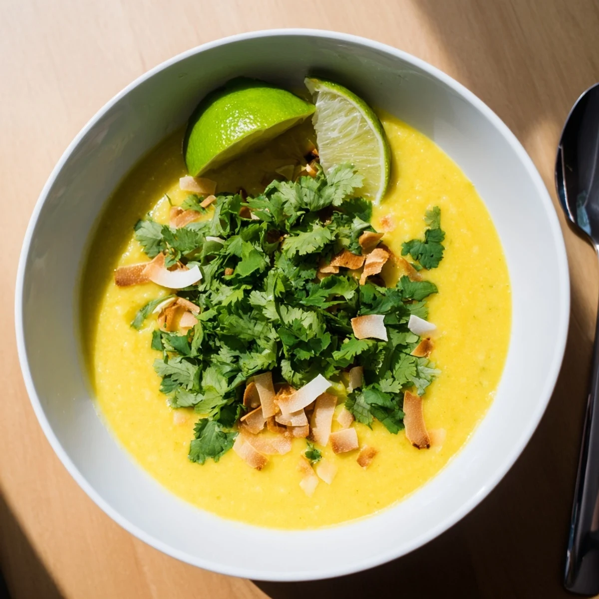 Vibrant yellow cauliflower soup drizzled with coconut milk and topped with green onions
