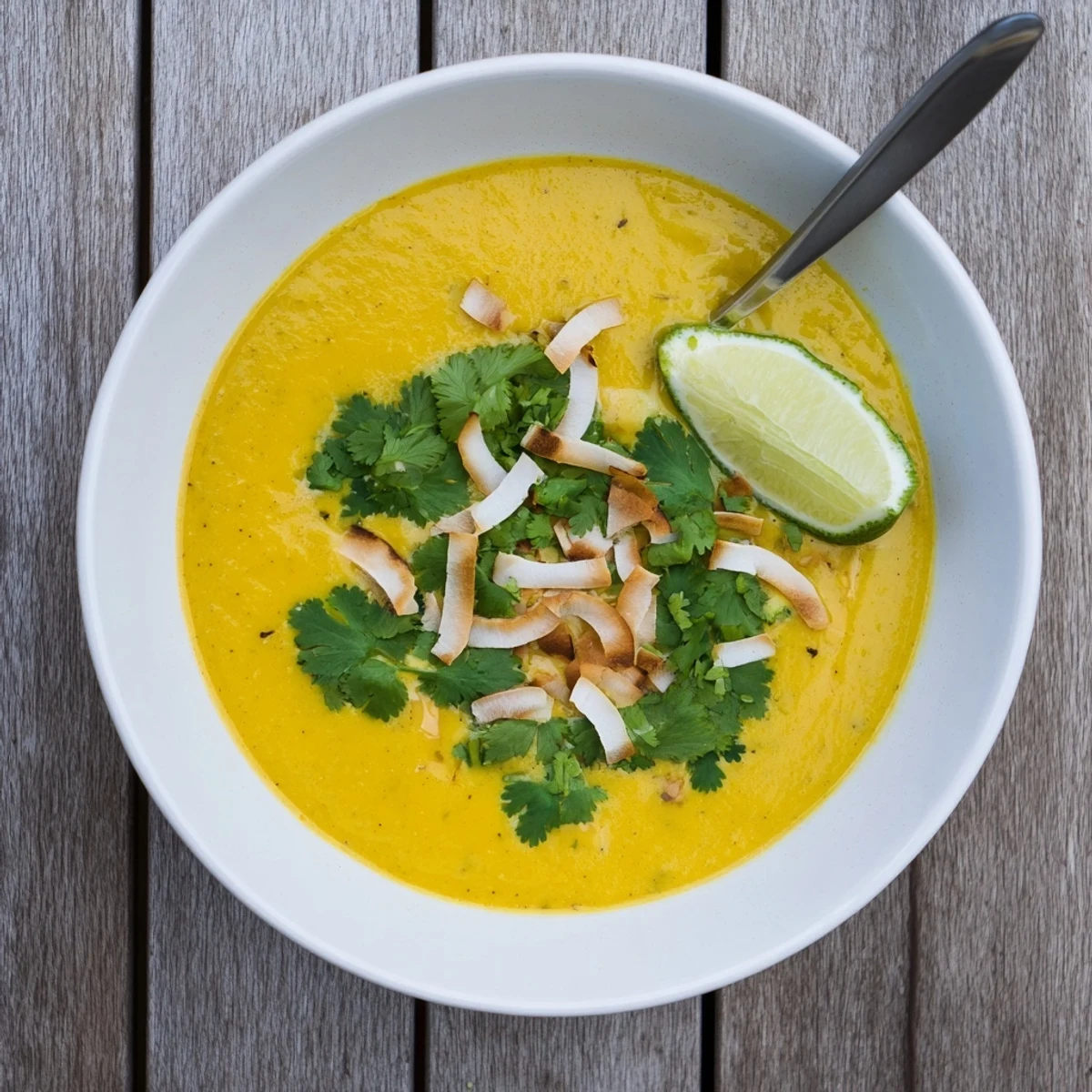 Steaming bowl of spiced coconut cauliflower soup with lime wedge and crusty bread