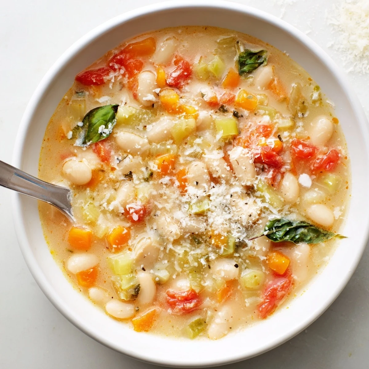 Creamy tomato basil white bean soup garnished with fresh herbs in a rustic bowl