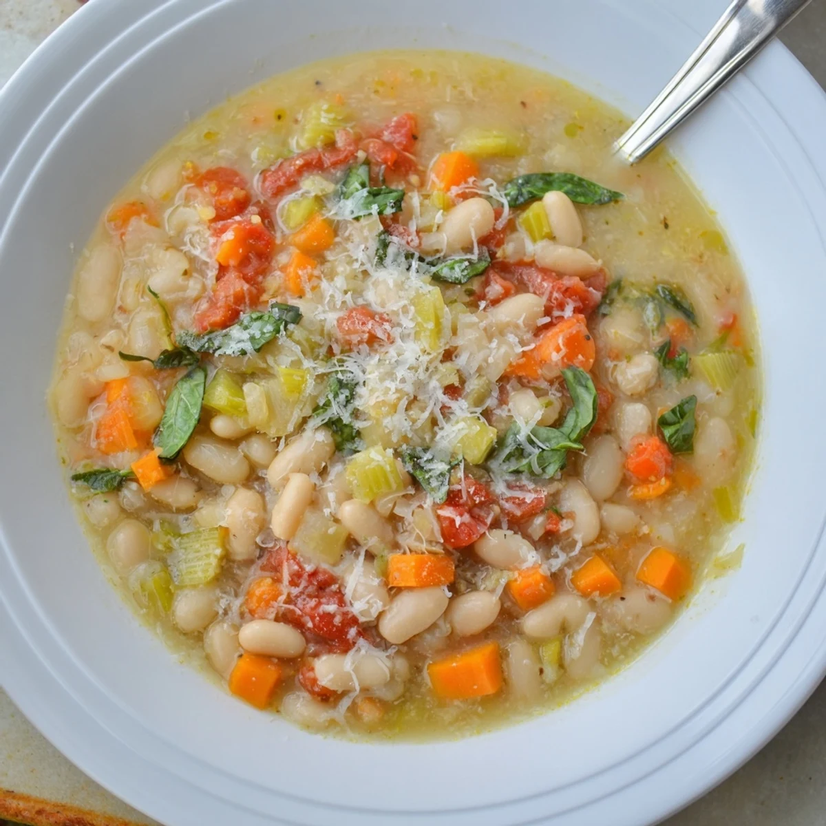 Savory tomato basil white bean soup with chunky vegetables and fresh basil garnish