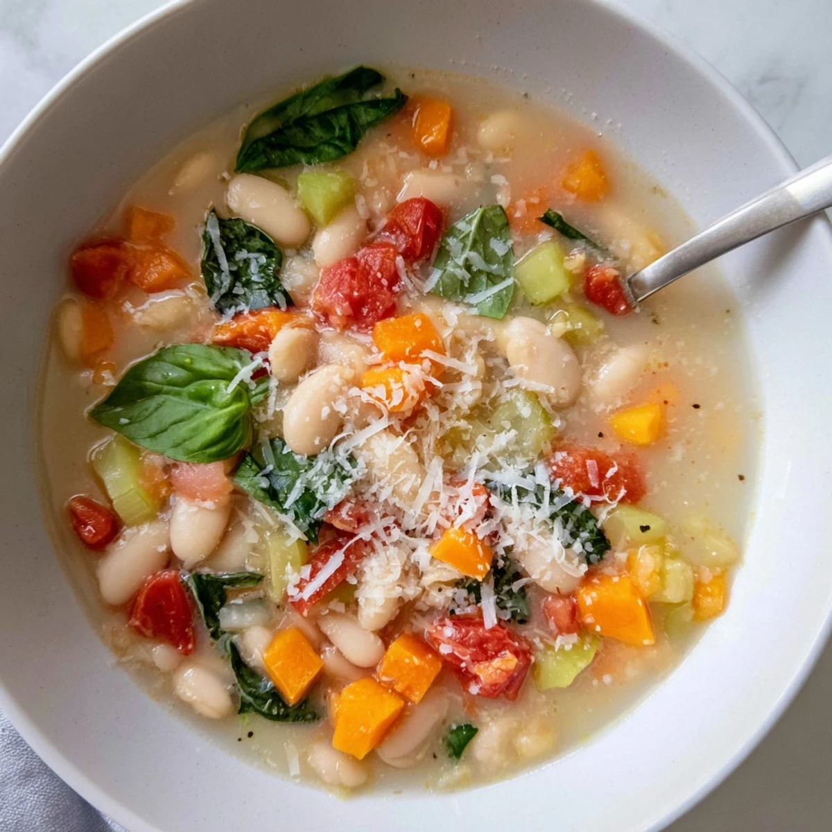 Hearty tomato basil white bean soup steaming in a white ceramic bowl with basil
