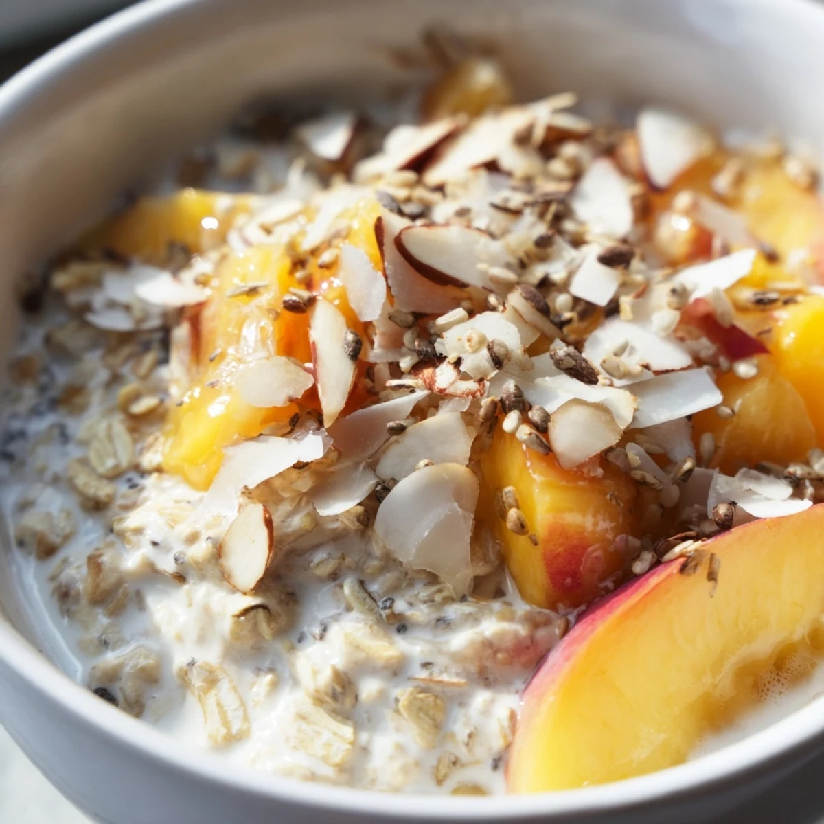 Creamy vanilla peach overnight oats topped with fresh diced peaches, almonds and coconut flakes