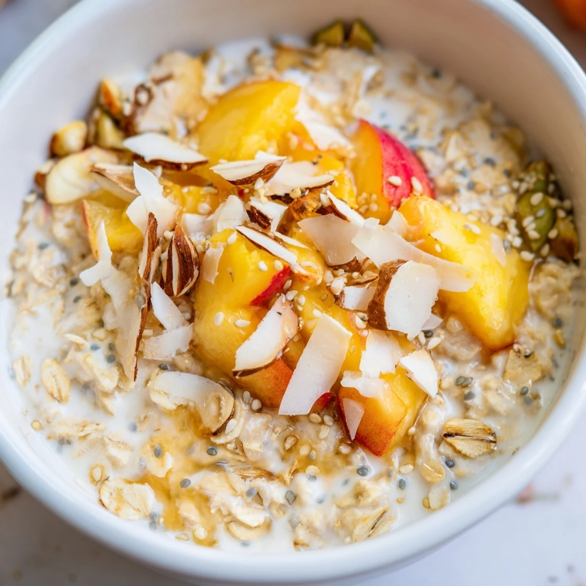Glass jar of vanilla peach overnight oats breakfast bowl with colorful peach chunks on top