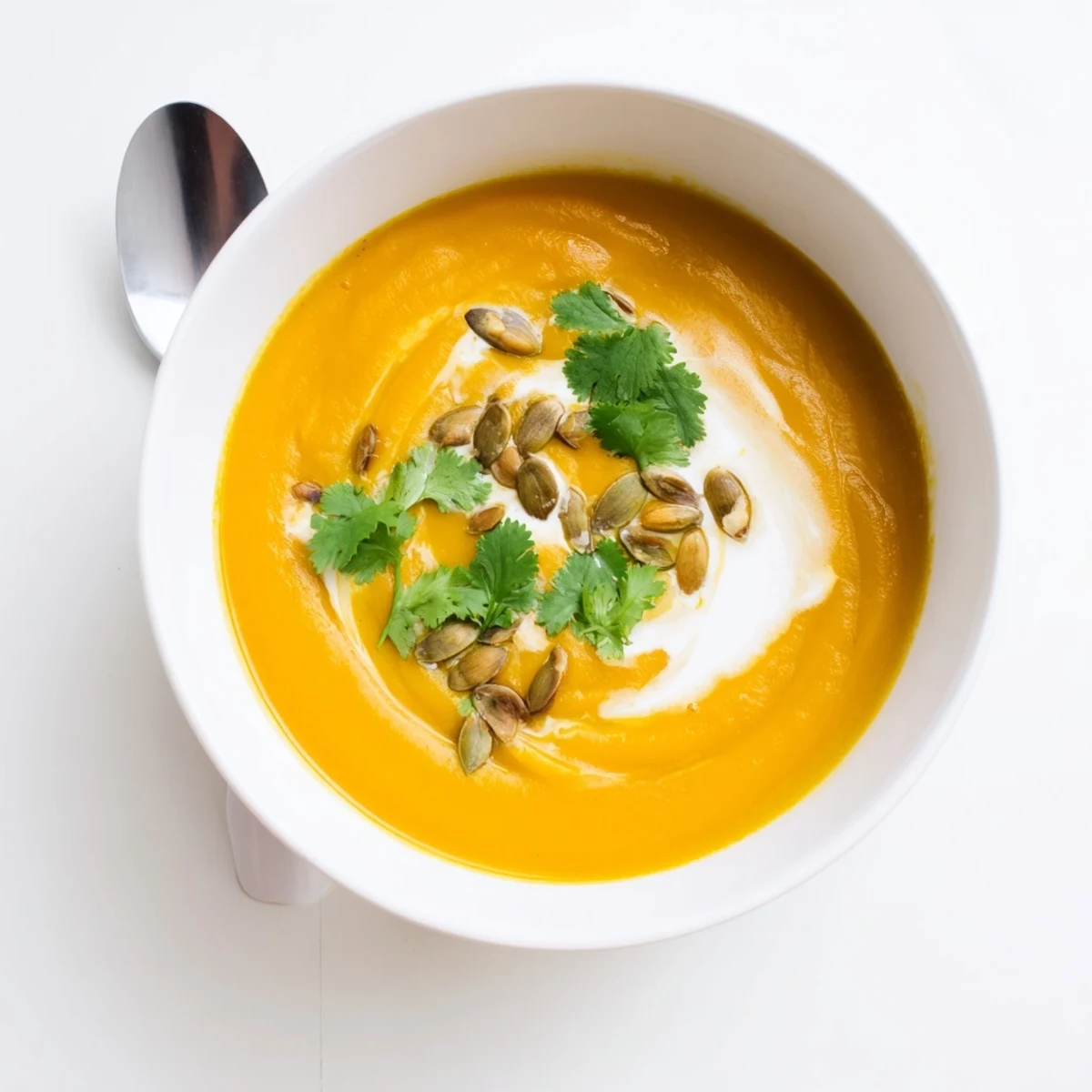 Creamy spiced coconut pumpkin soup garnished with toasted pumpkin seeds and fresh herbs in a white bowl