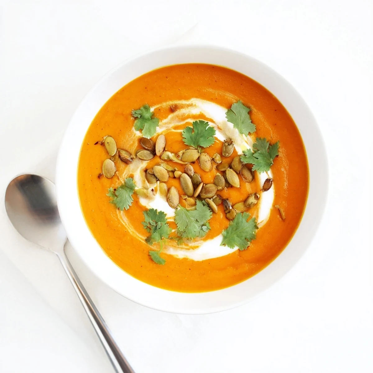 Velvety roasted pumpkin and coconut milk soup seasoned with warming spices and topped with cilantro