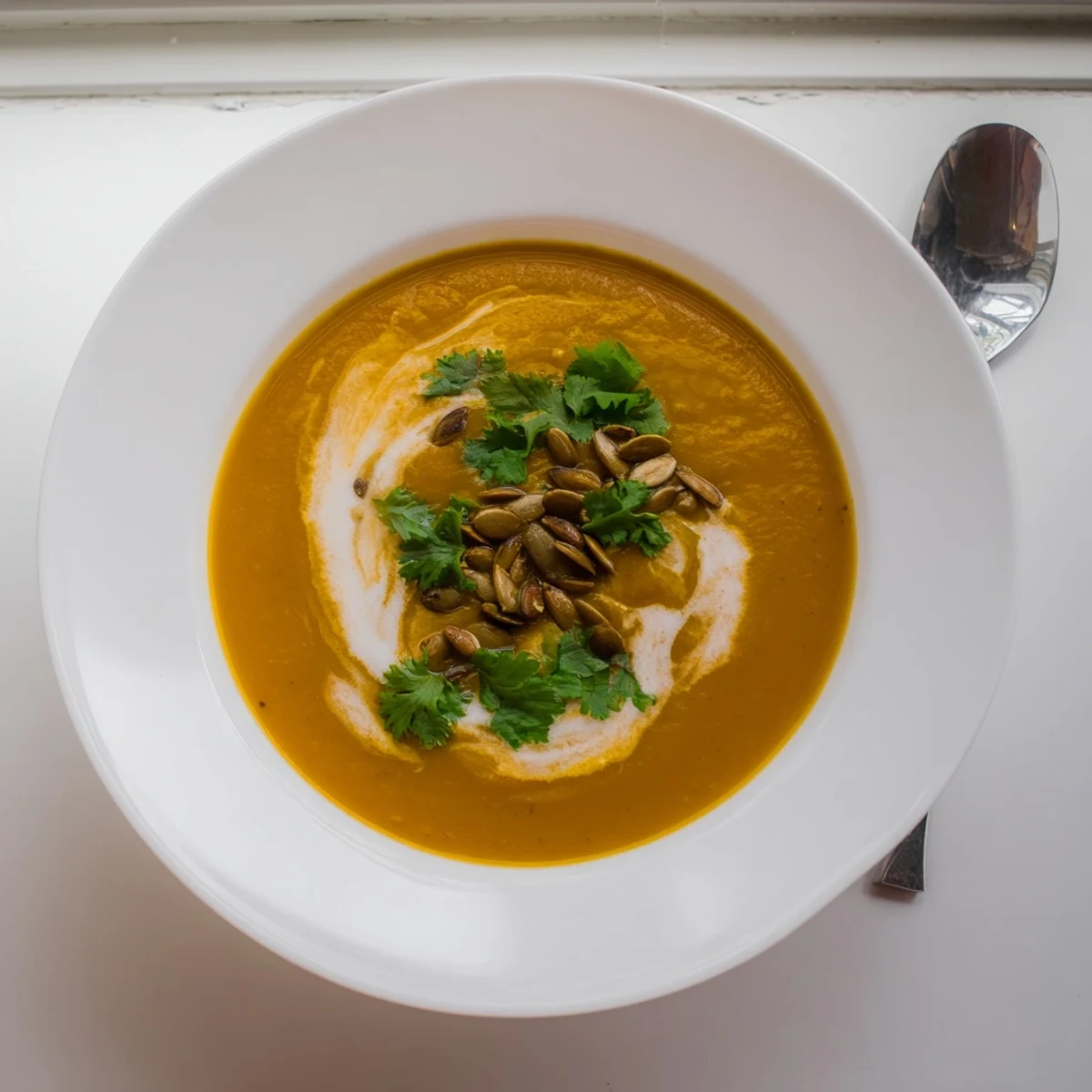 Golden bowl of hearty spiced coconut pumpkin soup with a swirl of cream and pumpkin seed garnish