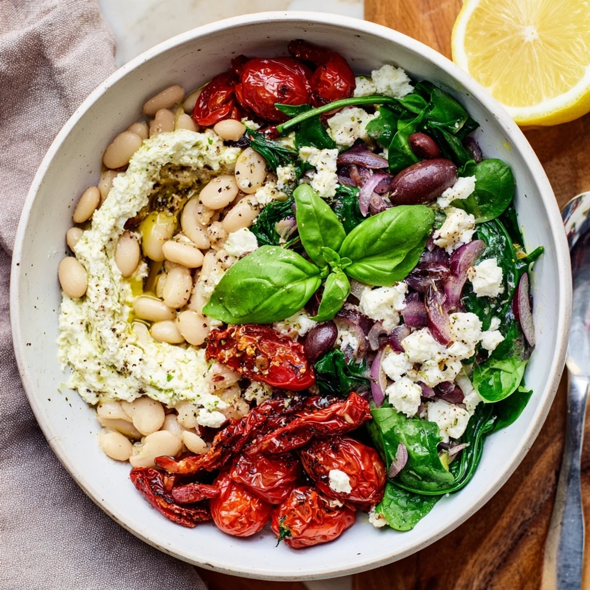 Hearty white bean and sun-dried tomato breakfast bowl garnished with fresh herbs and lemon wedges