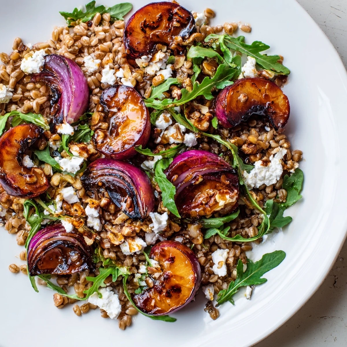 Summer plum and arugula farro salad bowl featuring sweet roasted fruit fresh greens and optional crumbled feta cheese