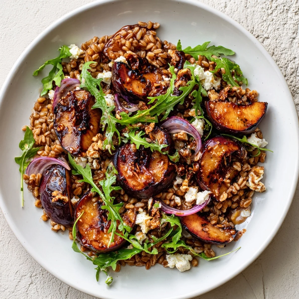 Hearty farro grain salad topped with caramelized roasted plums peppery arugula and toasted walnuts on a rustic wooden table