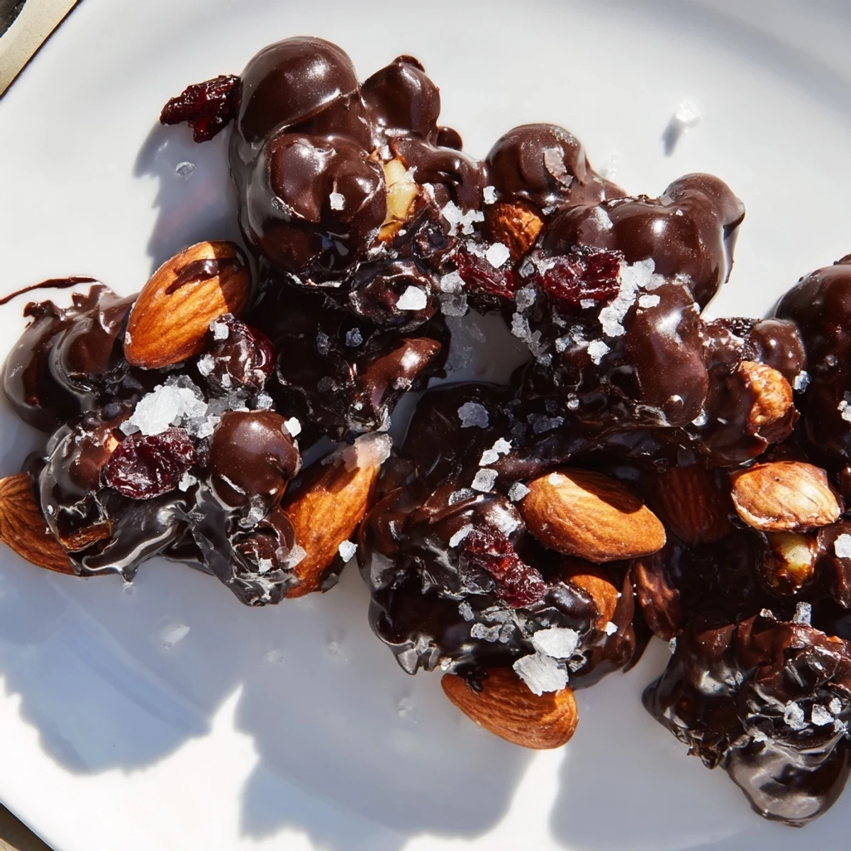 Golden dark chocolate cherry almond clusters scattered on parchment paper with glistening cherry pieces and roasted nuts peeking through the glossy coating