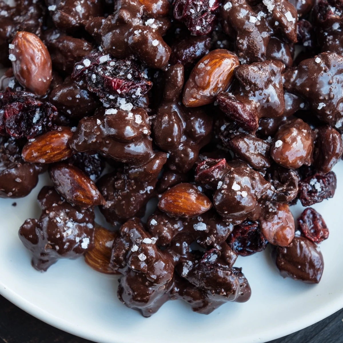 Rustic homemade chocolate cherry almond clusters arranged on a white baking sheet, topped with optional flaky sea salt for a sweet and salty finish