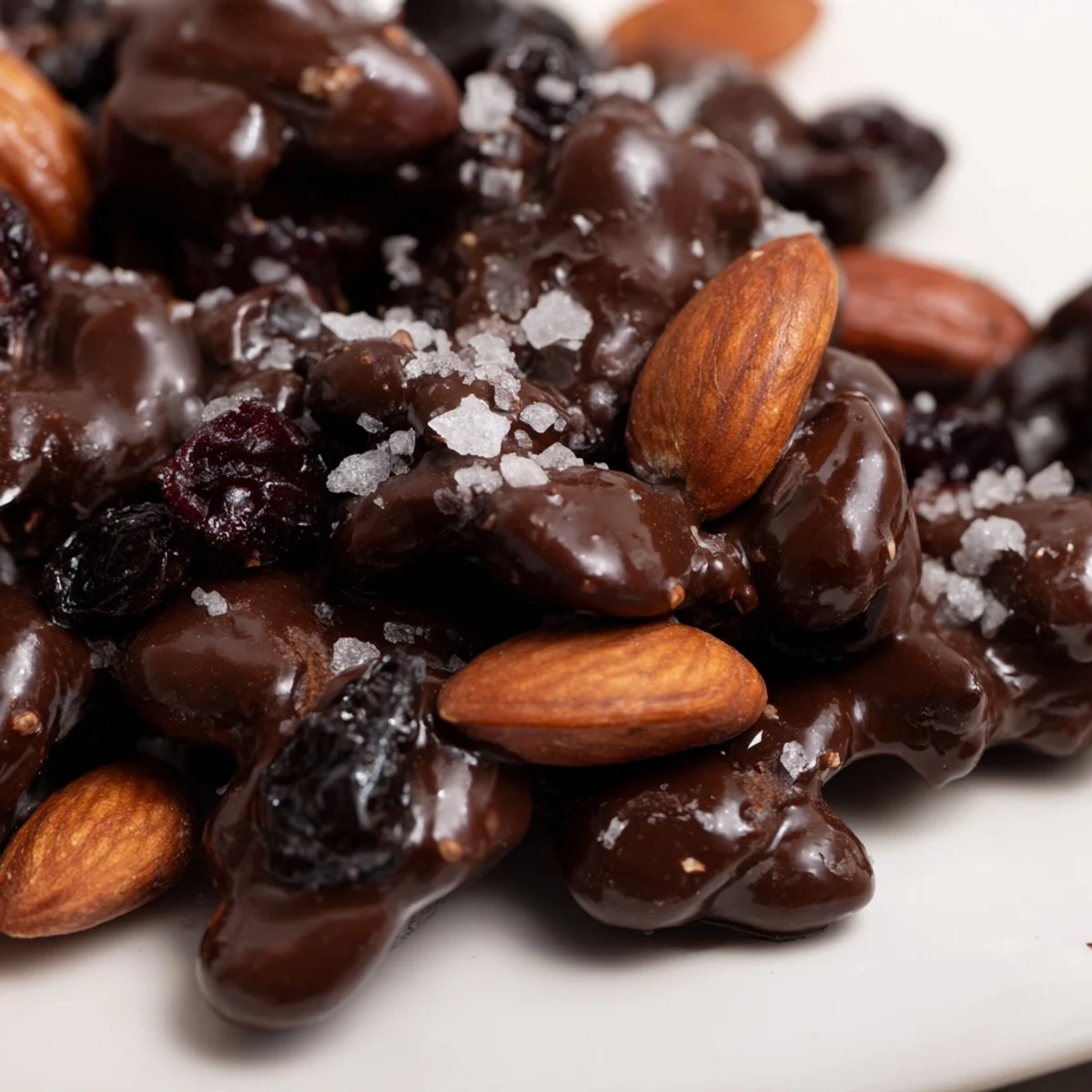 Bite-sized chocolate cherry almond clusters piled high, showcasing chewy dried cherries and crunchy roasted almonds coated in smooth melted dark chocolate