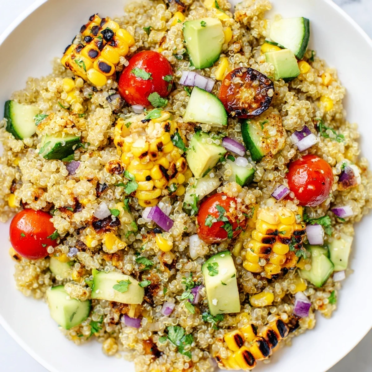 Vibrant bowl of charred corn avocado quinoa salad with lime dressing and cherry tomatoes