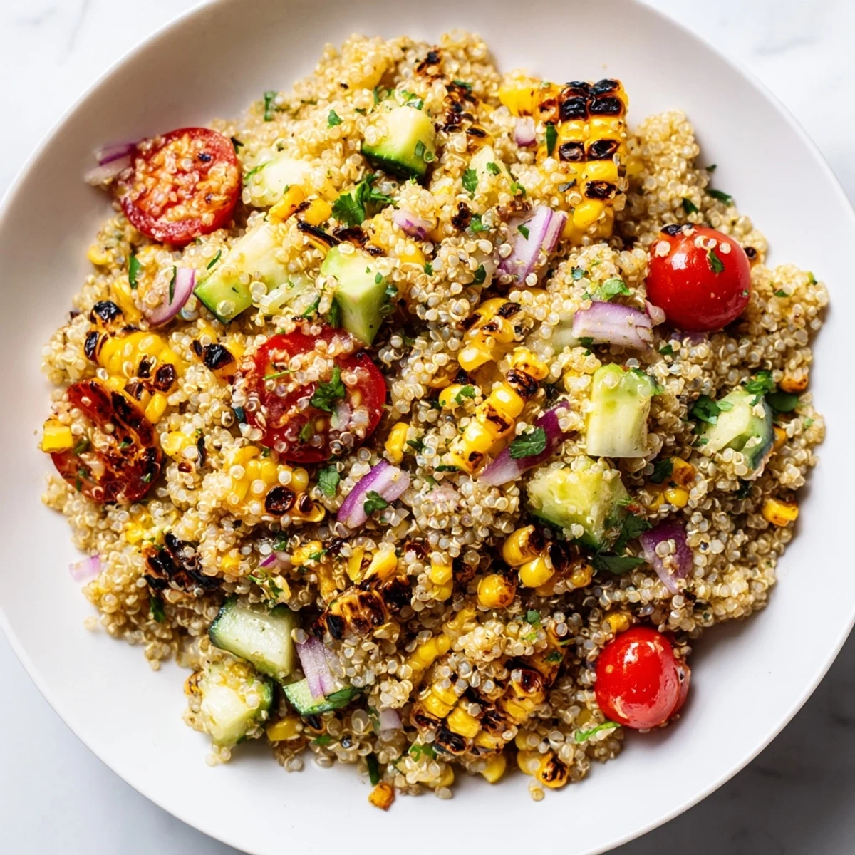 Colorful charred corn and avocado quinoa grain salad in white bowl garnished with fresh herbs