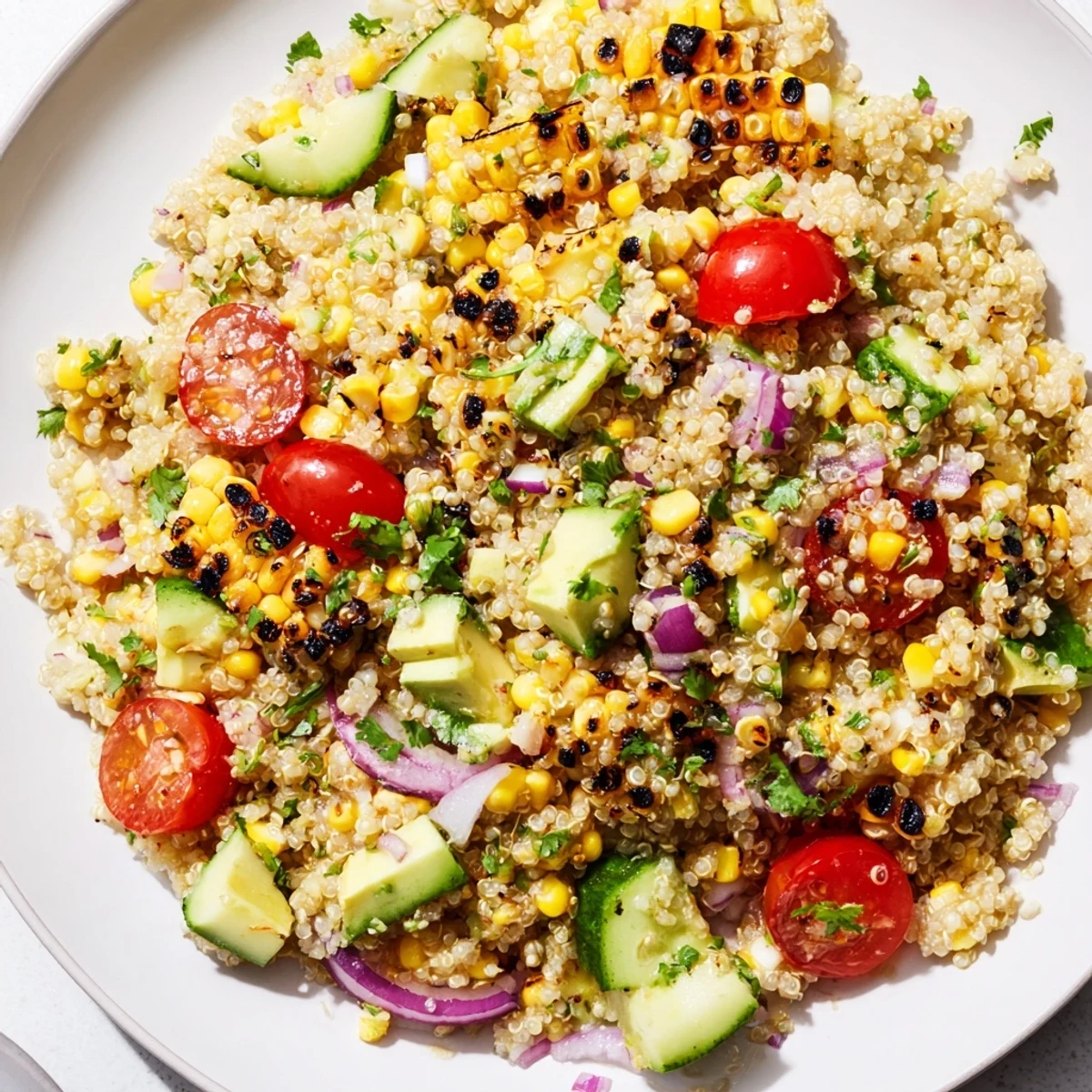Healthy vegetarian quinoa grain salad featuring grilled corn and creamy avocado with cilantro