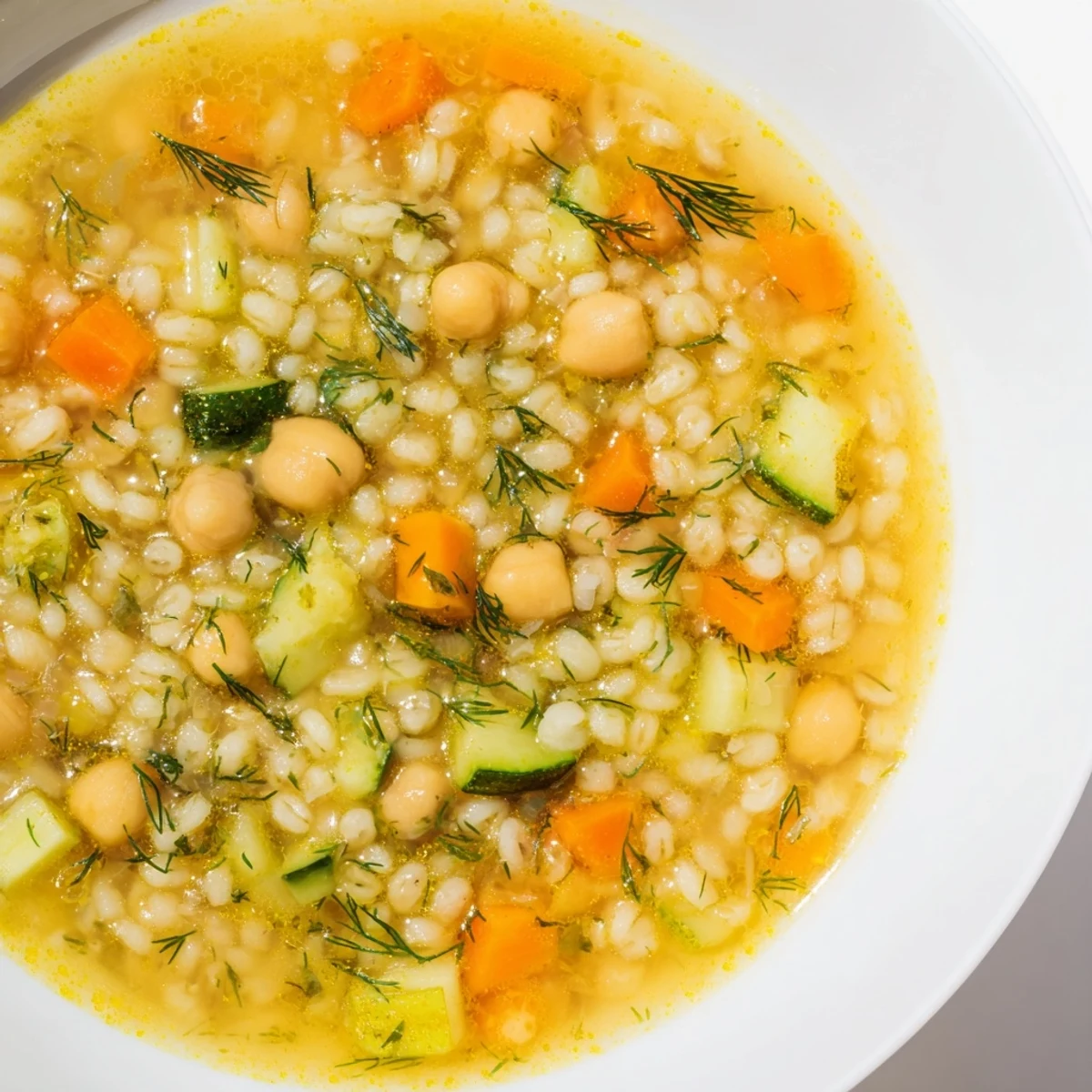 Golden bowl of lemon dill chickpea and barley soup garnished with fresh herbs and lemon wedges