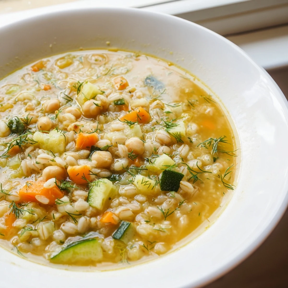 Rustic Mediterranean soup featuring tender barley, chickpeas, and dill in a steaming ceramic bowl